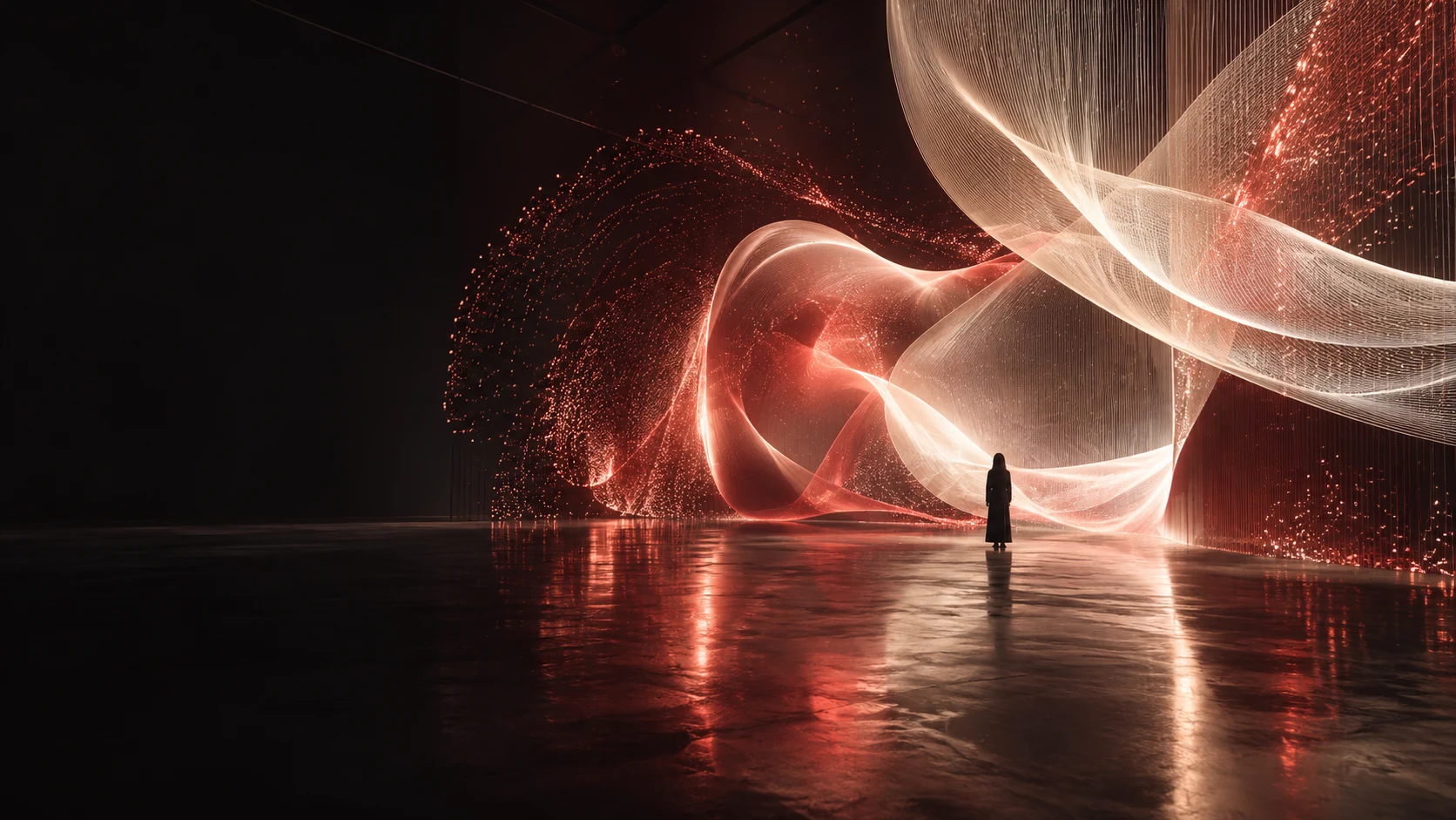 Concept image of an immersive gallery installation with flowing coral and ivory light surrounding a small human silhouette.