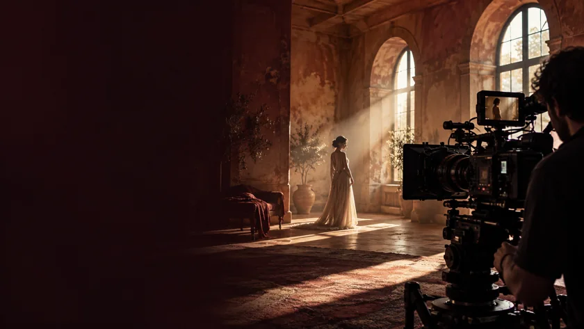 Concept image of a cinema camera filming a performer in a sunlit studio with terracotta walls.