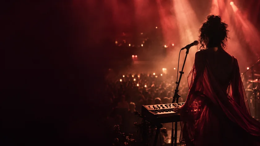 Concept image of a singer and synthesizer in silhouette on a stage illuminated by warm coral light.