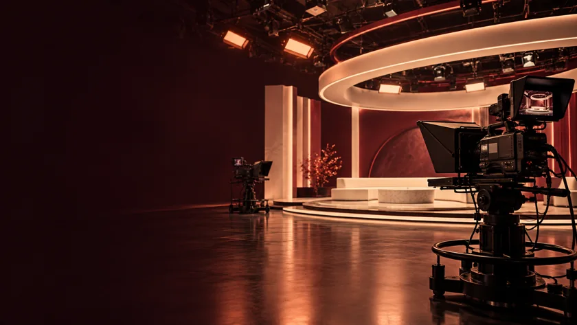 Concept image of a broadcast camera facing a contemporary cream and burgundy television studio.
